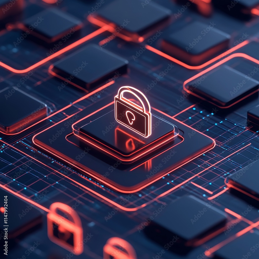 Poster digital lock symbol on a futuristic circuit board design with glowing accents and interconnected ele