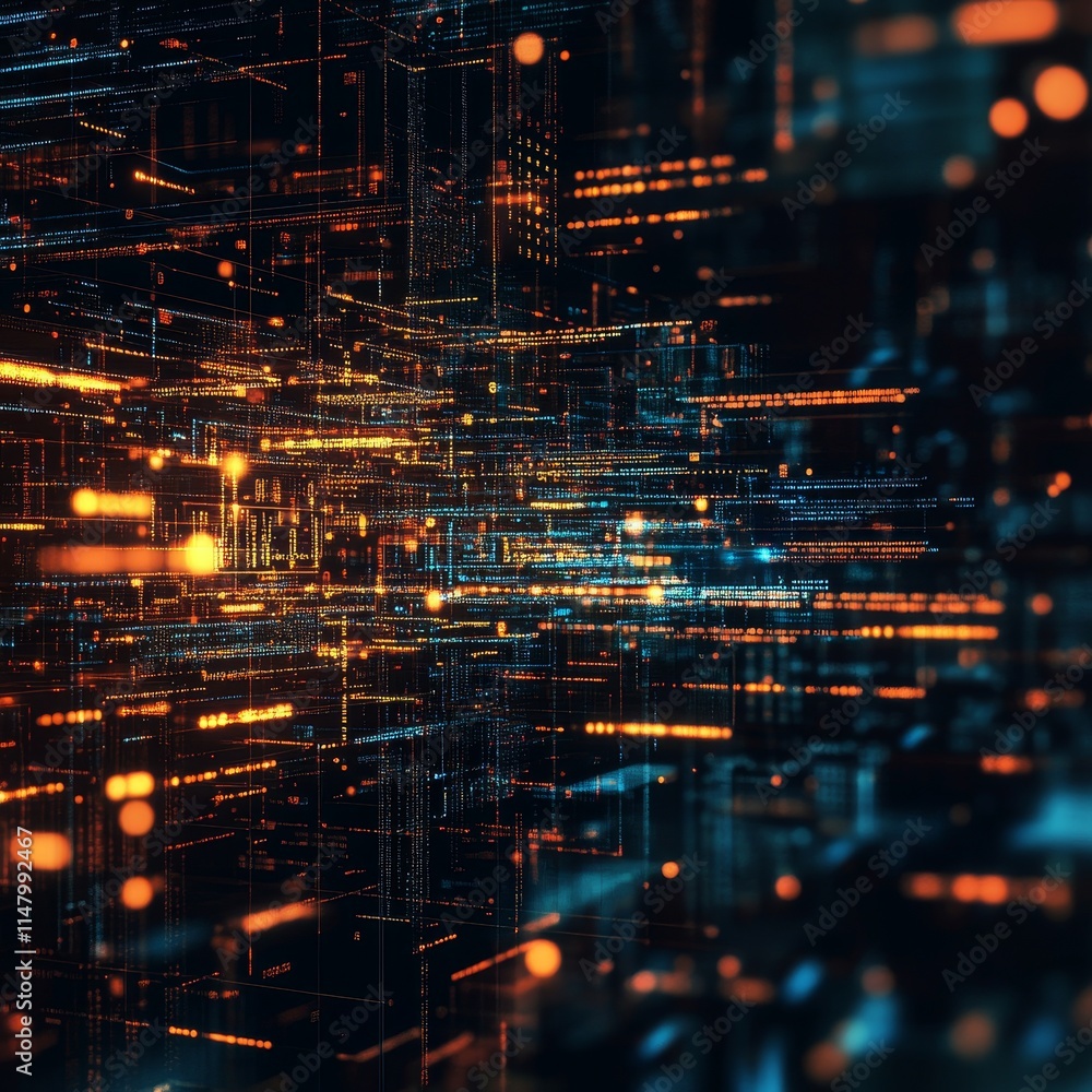 Aufkleber vibrant digital landscape with glowing lines and data streams in a futuristic setting at night