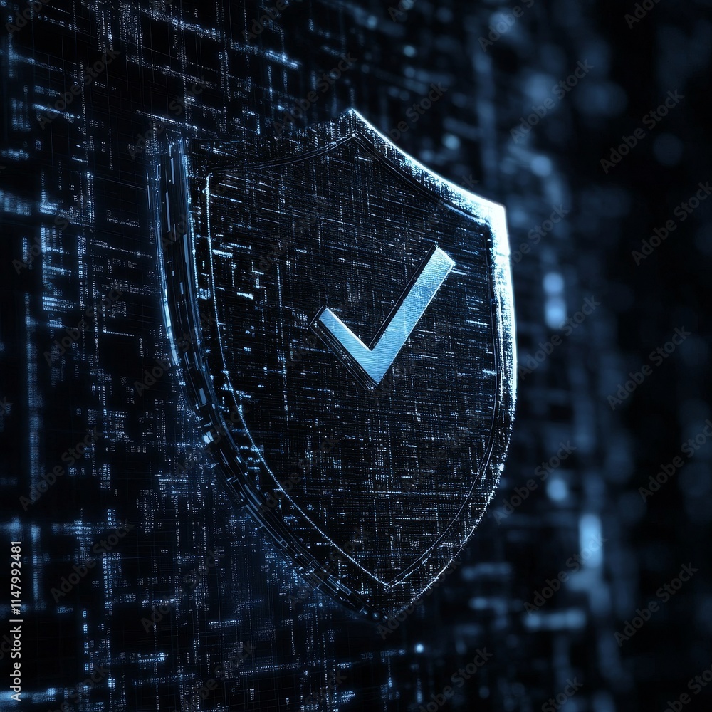 Poster cybersecurity shield with a checkmark glowing against a digital background symbolizing online protec