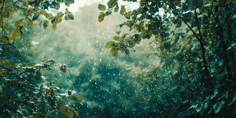 Fototapeta premium A snowy forest with trees covered in snow. The snow is falling from the trees and the sky is cloudy