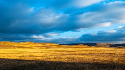 A vast desert with golden sand dunes and a deep blue sky