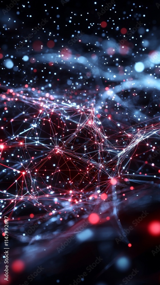 Poster vibrant abstract representation of interconnected nodes and energy flows in a dark space showing a b