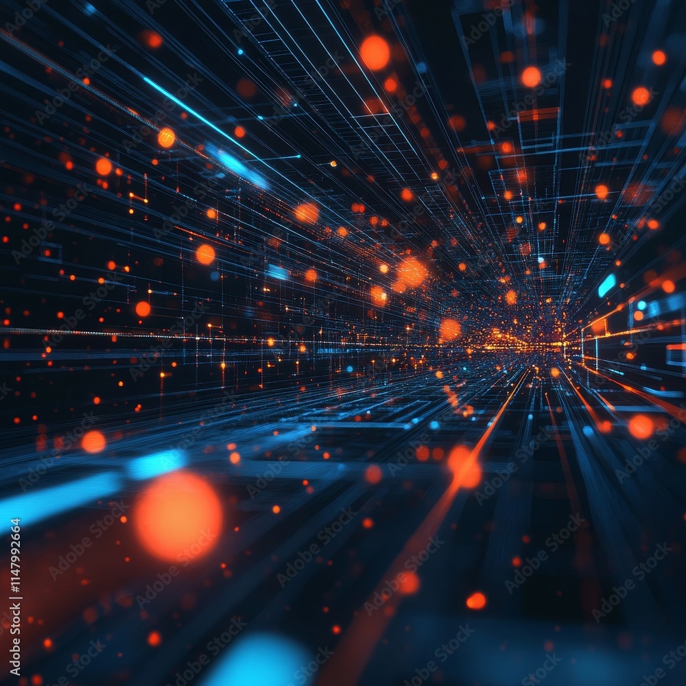 Poster dynamic digital landscape showcasing blue and orange particles in a futuristic, abstract design with