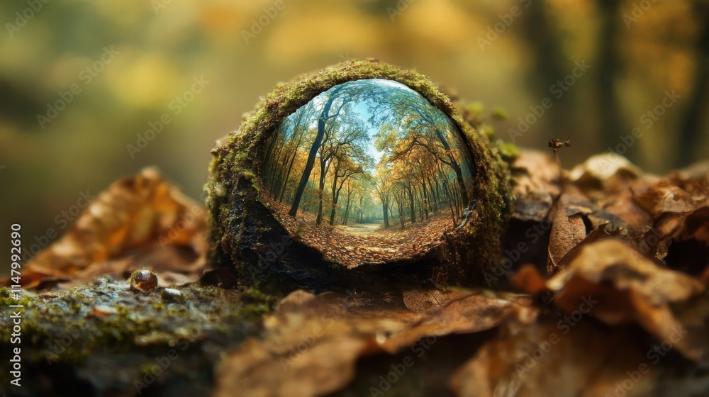 Poster a close-up of a dewdrop on a leaf, reflecting a miniature image of the surrounding forest.