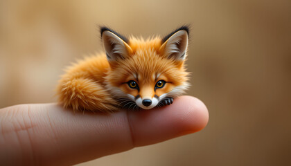 Fototapeta premium Cute small fox cub resting on a finger with a soft focus background