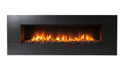 A modern electric fireplace with a sleek design, featuring glowing flames and stones.