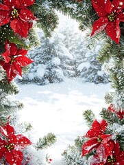 Whimsical Christmas Frame with Red Poinsettias and Snowy Background for Festive Holiday Decor and Seasonal Celebrations