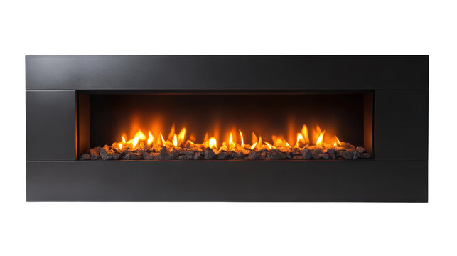A modern electric fireplace with a sleek design, featuring glowing flames and stones.