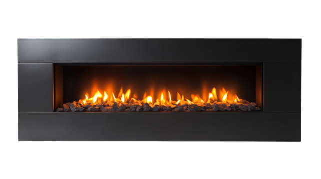 A modern electric fireplace with a sleek design, featuring glowing flames and stones.