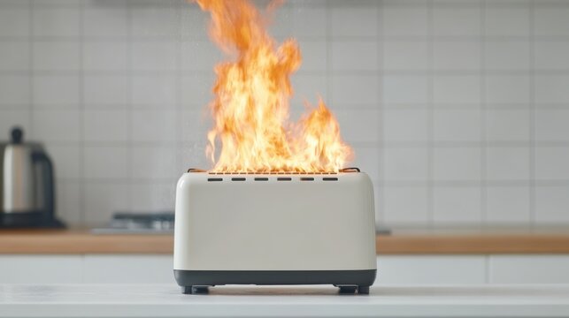 A toaster engulfed in flames, highlighting a kitchen fire hazard that emphasizes safety awareness and the importance of appliance maintenance.