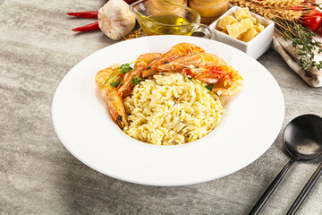 Italian pasta Orzo with prawn