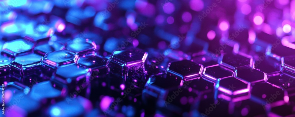 Poster hexagonal pattern with neon lights, featuring a modern and futuristic design with a blend of purple 
