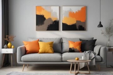 Stylish living room interior with comfortable chair and side table near white wall