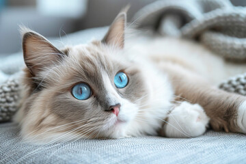 Obraz premium A Ragdoll cat lounges comfortably on a cozy sofa, enjoying a peaceful afternoon indoors