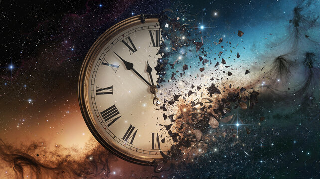 Exploding clock in cosmic space, surreal design, time and universe concept