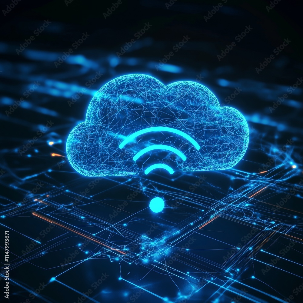 Poster cloud computing technology with a glowing connectivity symbol and abstract digital background in a f