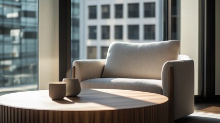 Minimalist modern lounge with stylish, clean design. Featuring sleek lines and muted colors