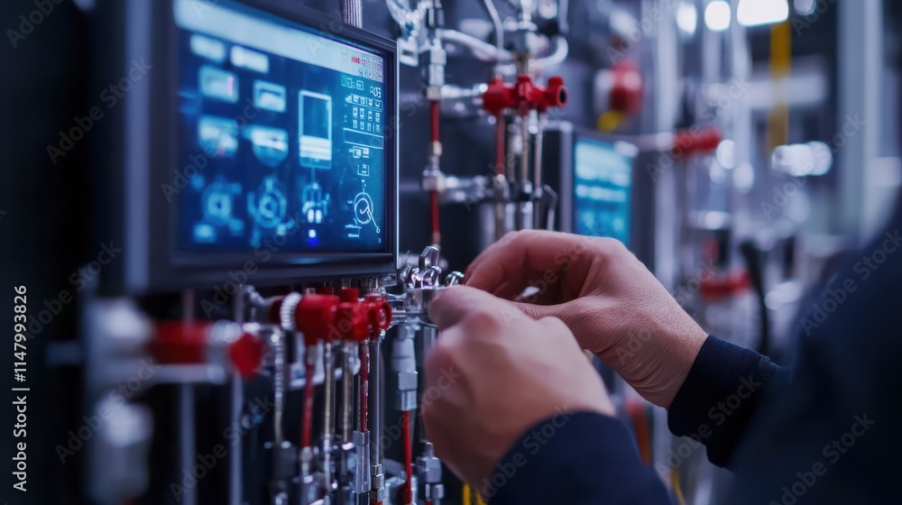 Poster a technician monitors and adjusts machinery controls on a digital interface, highlighting precision 