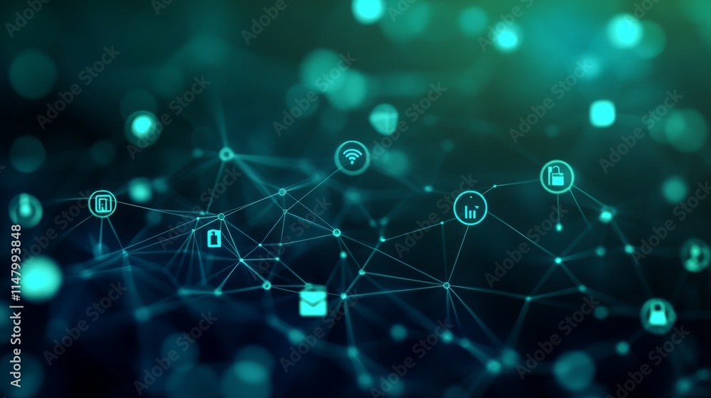 Poster visual representation of interconnected technology and data networks with icons representing various