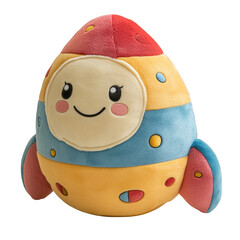 Colorful plush astronaut toy in whimsical rocket ship, transparent PNG for children's products or marketing materials
