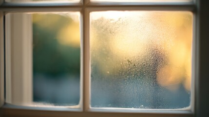 Fototapeta premium Closeup of a window pane with condensation and blurred sunlight streaming through.