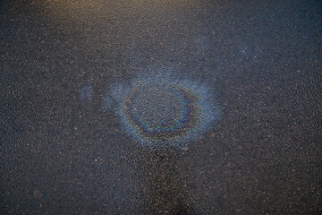 Iridescent gasoline spill forming a colorful circle on a wet asphalt surface