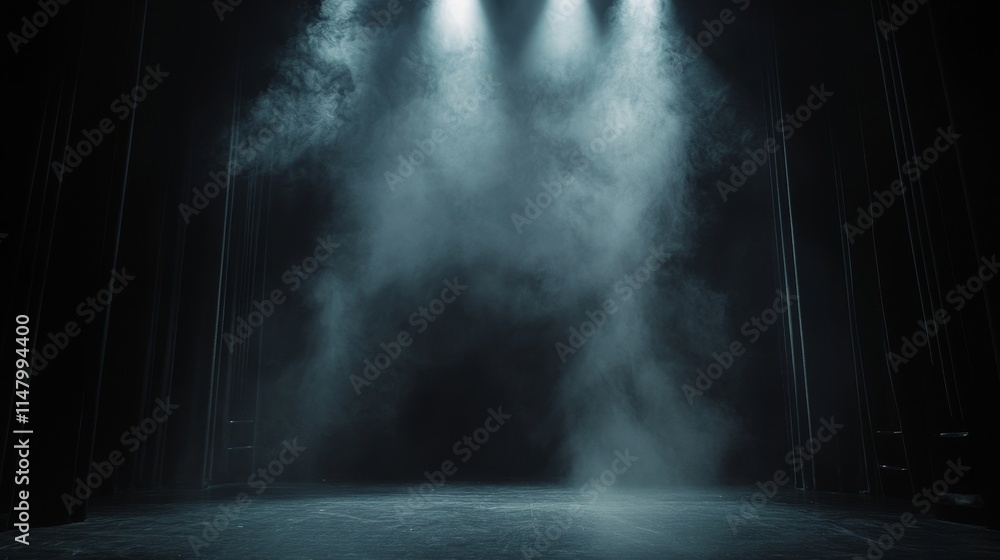 Poster mysterious stage illuminated by bright lights and enveloped in fog, creating an atmosphere of antici