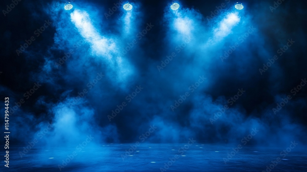 Poster blue lit stage with smoke effects creating a dramatic atmosphere for a performance or event in an in