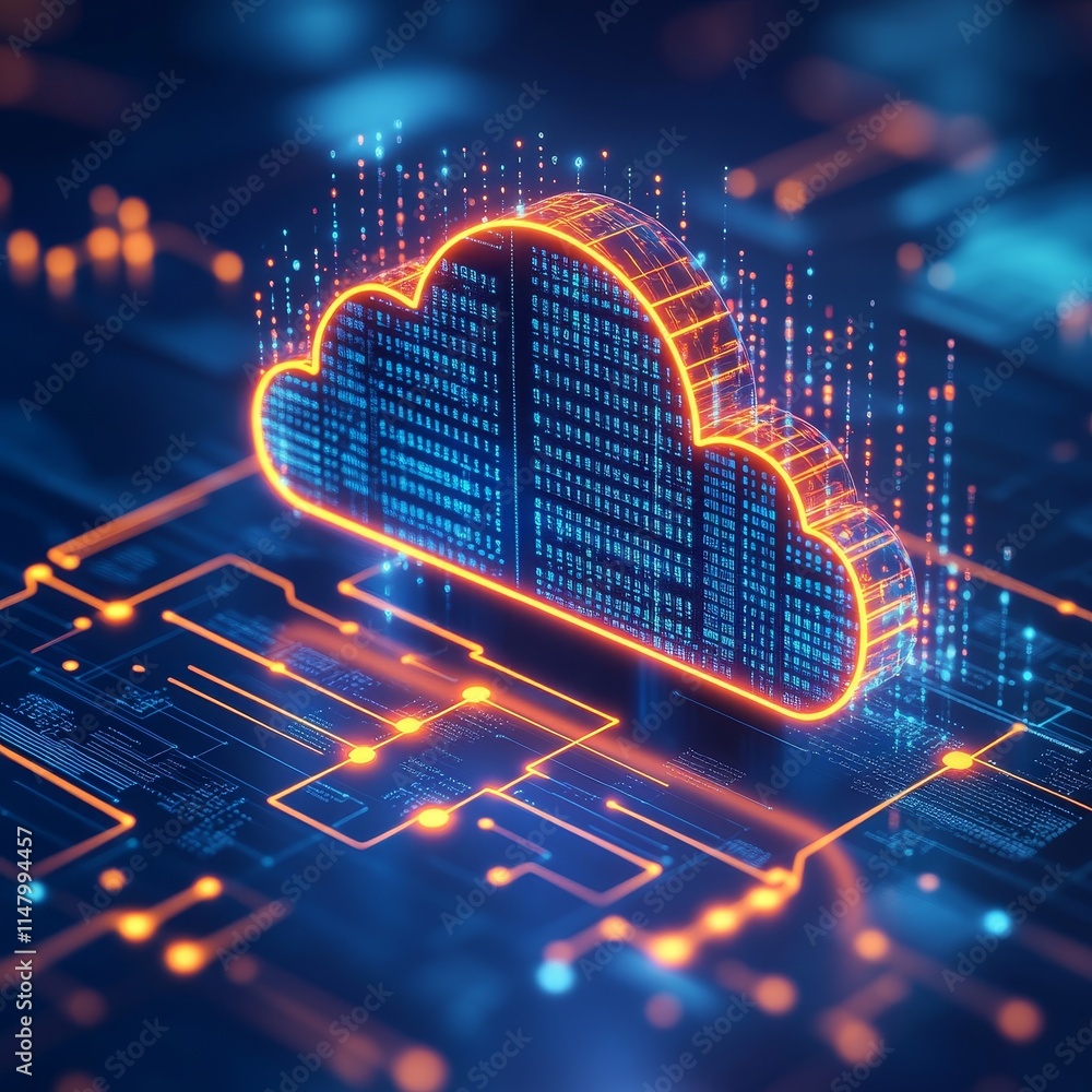 Poster innovative cloud computing technology represented with digital elements and glowing data connections
