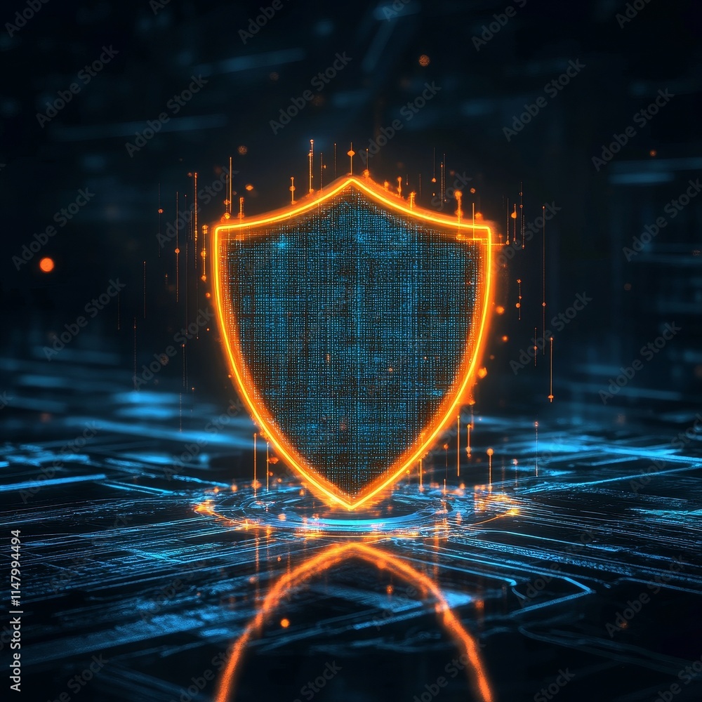 Poster cybersecurity shield glowing amidst digital circuitry with a vibrant blue background and sparkling d