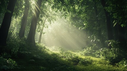 Obraz premium A dense green forest with sunlight streaming through the canopy, showcasing the beauty of untouched nature.