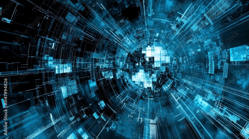 Poster exploration of digital data visualizations and cybernetic networks in a vibrant blue abstract design
