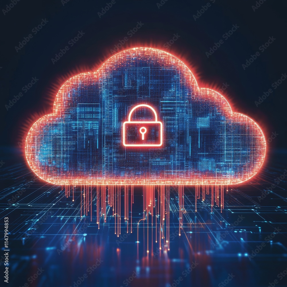 Poster cloud computing security with a digital lock symbol and data representation against a dark backgroun