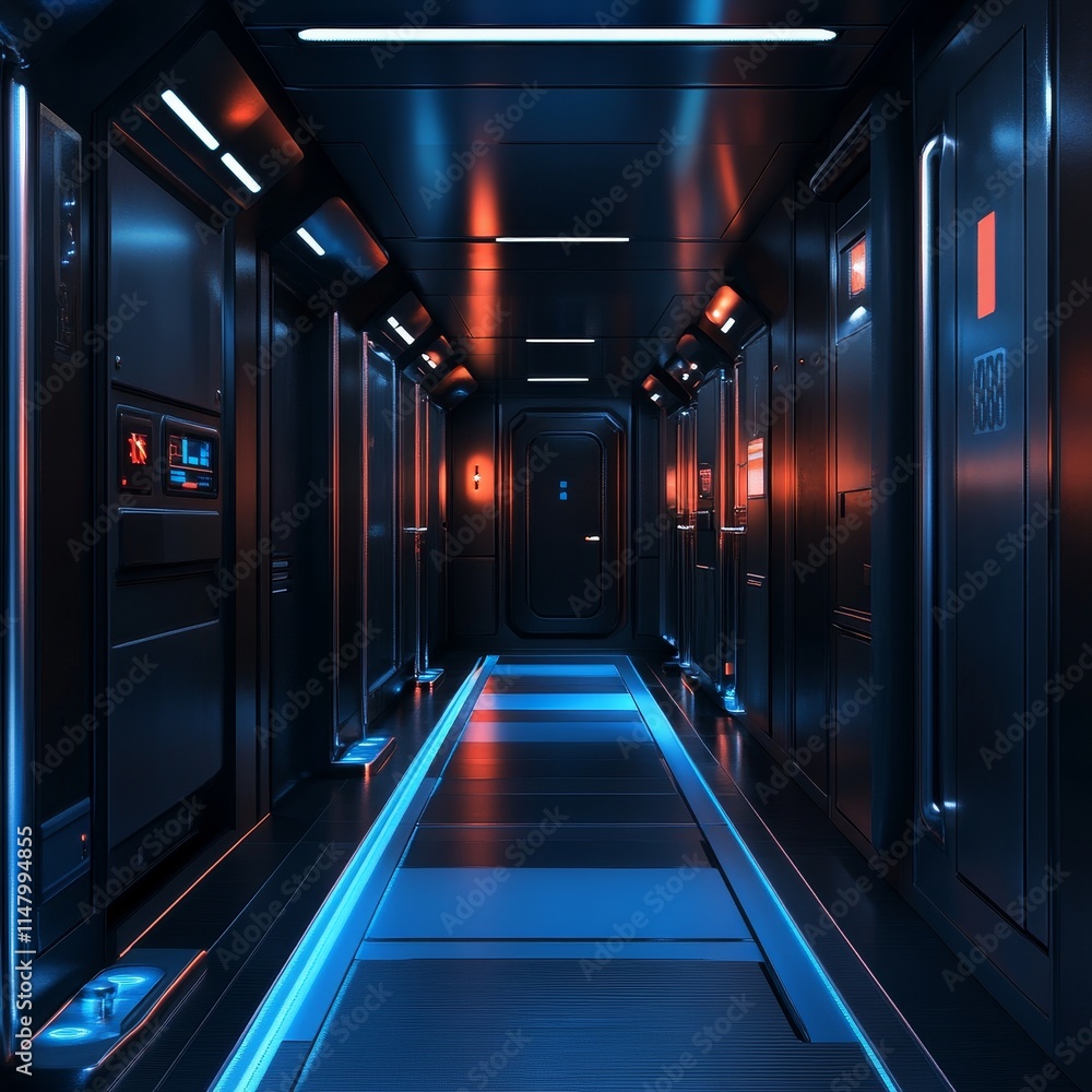 Poster Futuristic Corridor Featuring Sleek Design Elements and Illuminated Accents in a Sci-Fi Inspired Environment During a Low-Light Setting