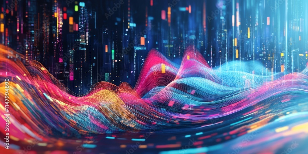 Poster a colorful wave of light with a blue line in the middle. the wave is made up of many different color