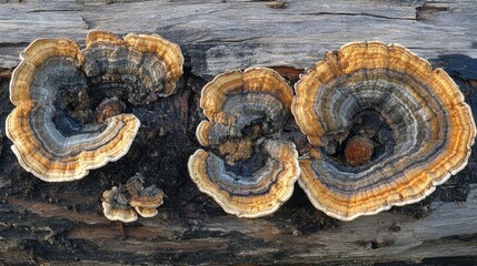 A detailed shot of mushrooms growing on a decaying log, showing the cycles of nature.