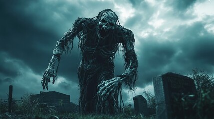 Fototapeta premium A Decaying Ghoul Rises From a Grave In a Stormy Cemetery