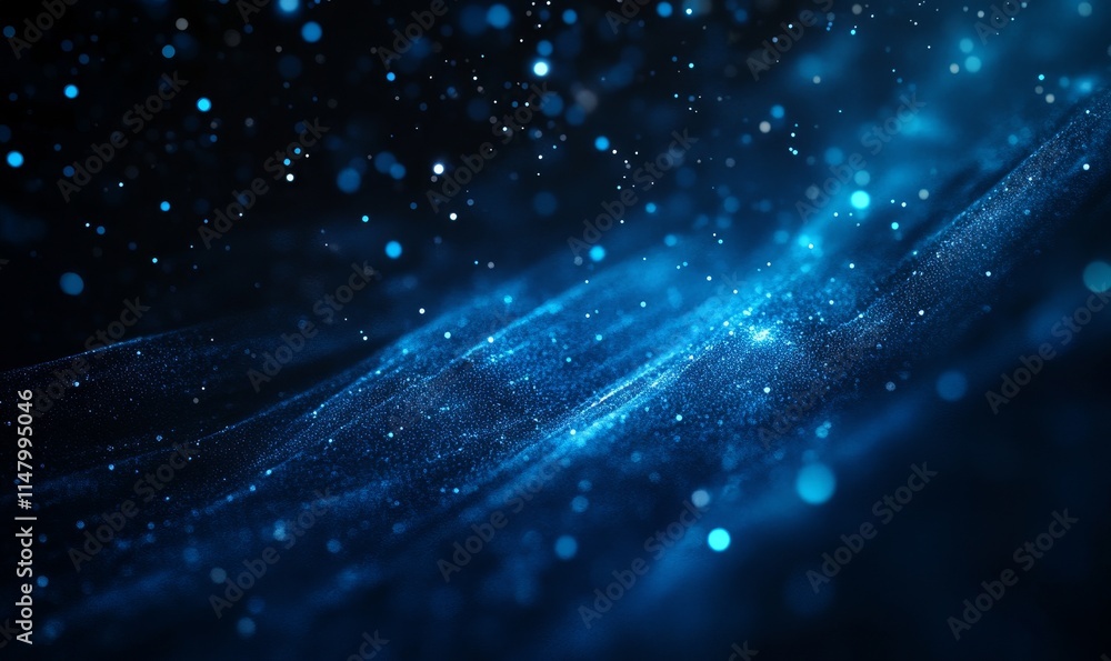Poster digital abstract background featuring vibrant blue sparkles and waves of light creating a mesmerizin