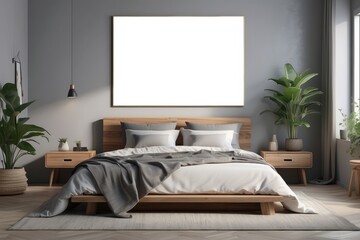 Blank frame mockup near bed. Empty white poster frame on the wall of bedroom. Modern contemporary design of luxurious cozy home interior, apartment background