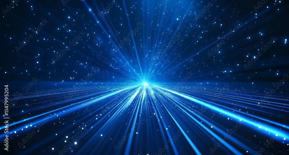 Poster vivid blue light rays create a mesmerizing cosmic effect against a dark background, suggesting depth