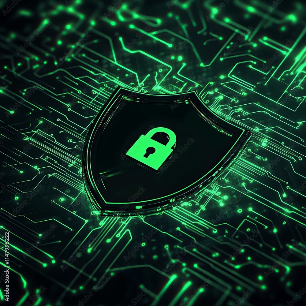 Poster digital shield symbolizing cybersecurity with green circuit patterns in the background showcasing mo