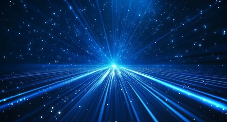 Fototapeta premium Vivid Blue Light Rays Create a Mesmerizing Cosmic Effect Against a Dark Background, Suggesting Depth and Infinite Space