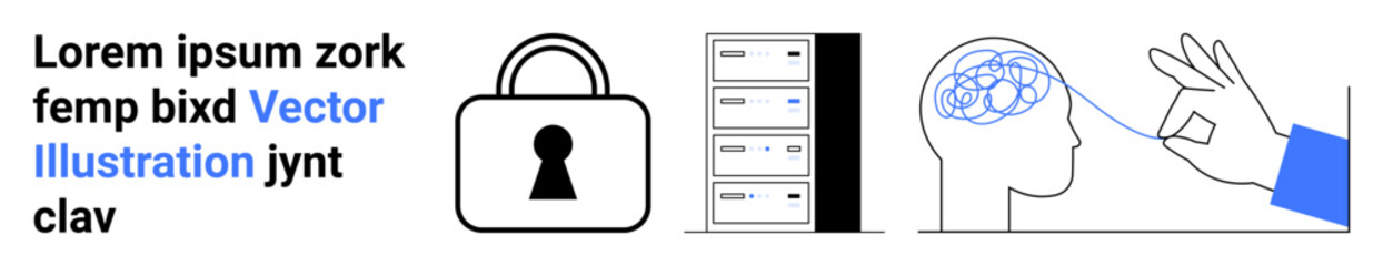 Lock symbol, server stack, brain with hand gesture. Ideal for cybersecurity, data protection, mental clarity, technology, neurosciences digital safety information security. Landing page