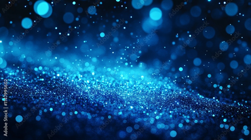 Poster sparkling blue particles create a mesmerizing visual effect resembling a starry night sky in a dark 