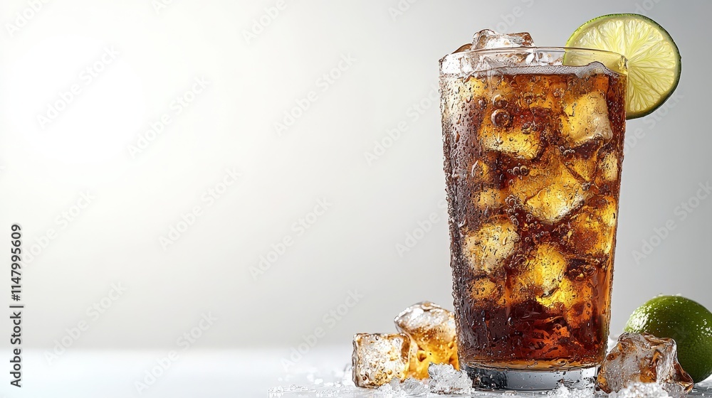 Poster refreshing iced cola drink with lime in a glass, surrounded by ice cubes on a white background. perf