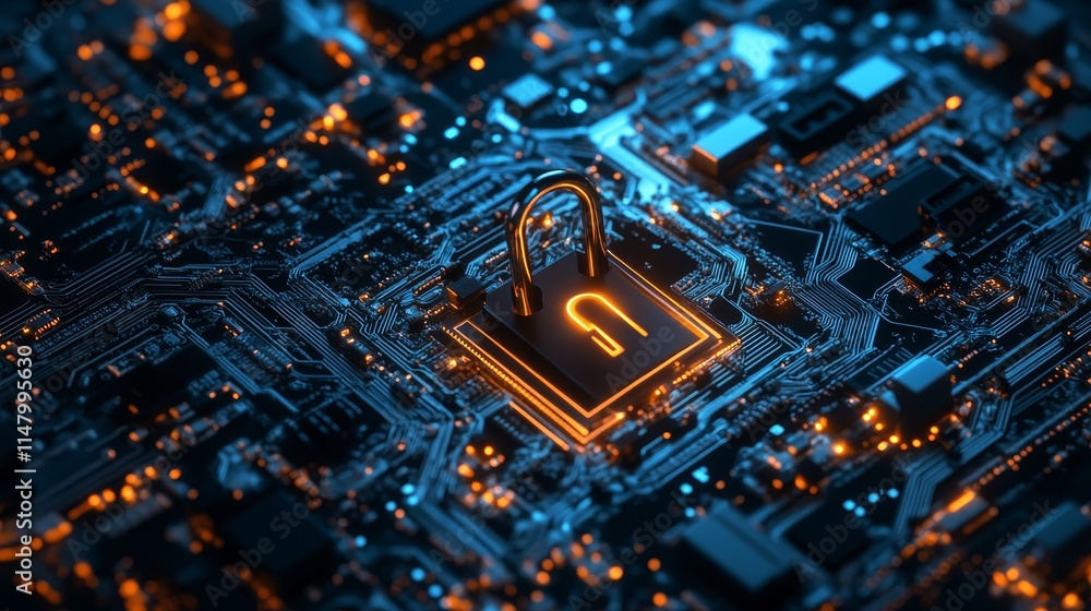 Poster digital security concept featuring a glowing padlock on a circuit board with intricate connections, 