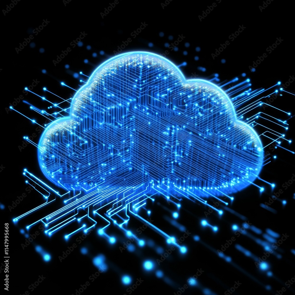Poster digital cloud symbol glowing with circuits representing technology and data transmission in a futuri