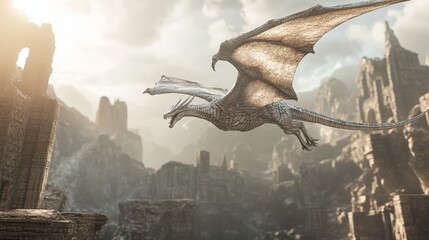 White Dragon Soaring Over Ancient Ruins