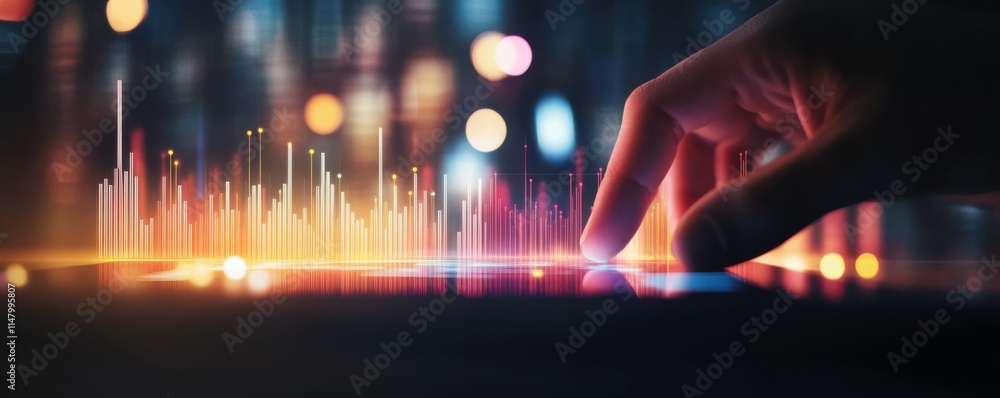 Poster silhouette of finger interacting with tablet displaying stock market trading graphs, with abstract b