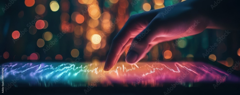 Poster silhouette of finger interacting with tablet displaying stock market trading graphs, with abstract b